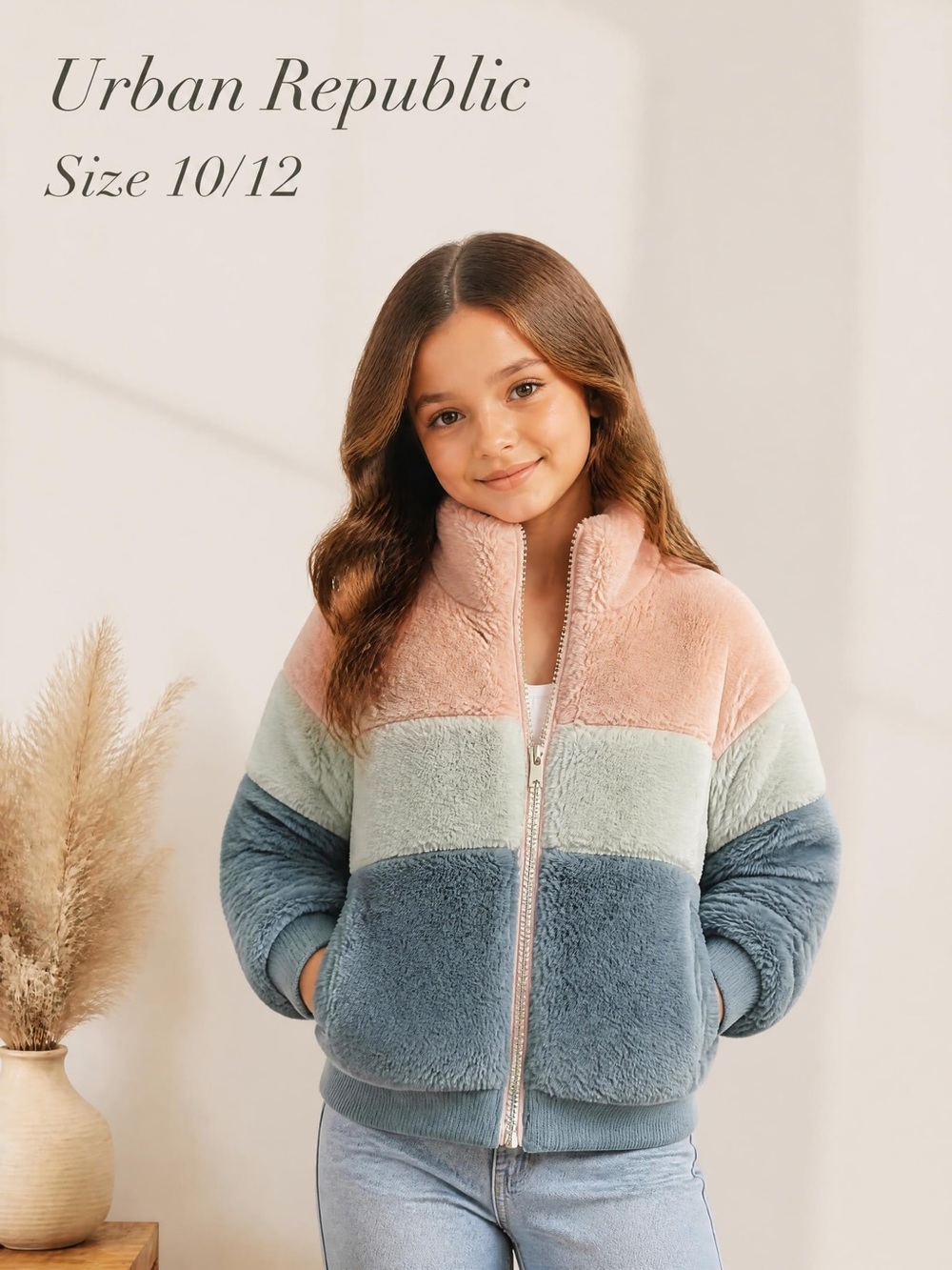 Urban Republic Kids Colorblock Fuzzy Jacket w/ Soft Satin Lining – Size 10/12